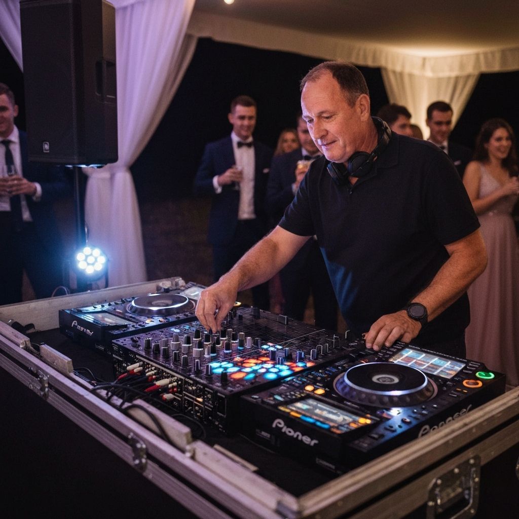 DJ-Mischpult mit romantischer Beleuchtung an einer Hochzeit