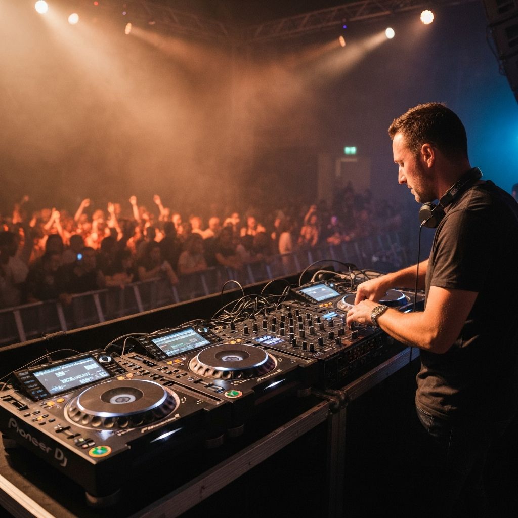 Professionelles DJ-Equipment: Mixer und Turntables an einem Event